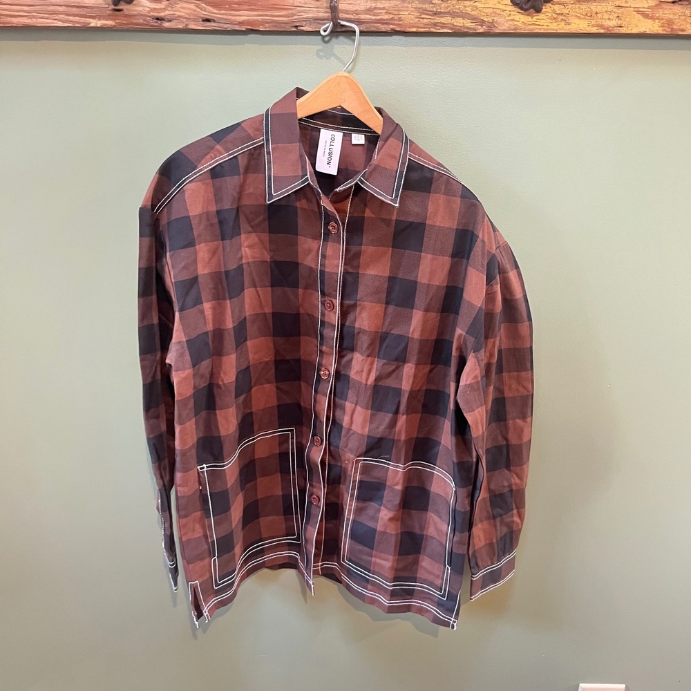 COLLUSION Brown Black Plaid Oversized Long Sleeve Shirt Jacket Utility Pockets